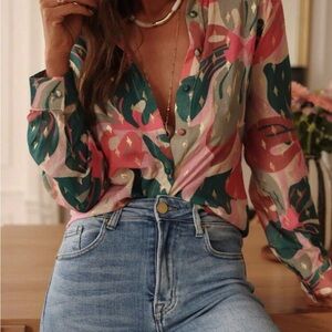Tropical Print Blouse - Pink and Green